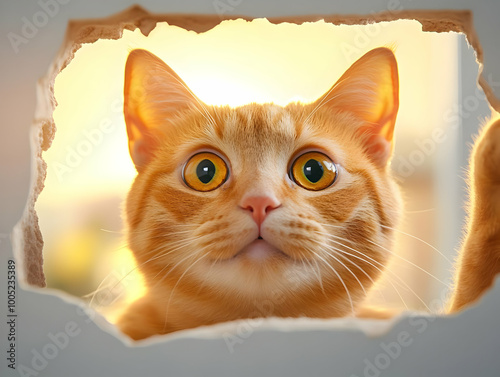 Curious orange cat peeking through a hole in the wall, bright and adorable expression.