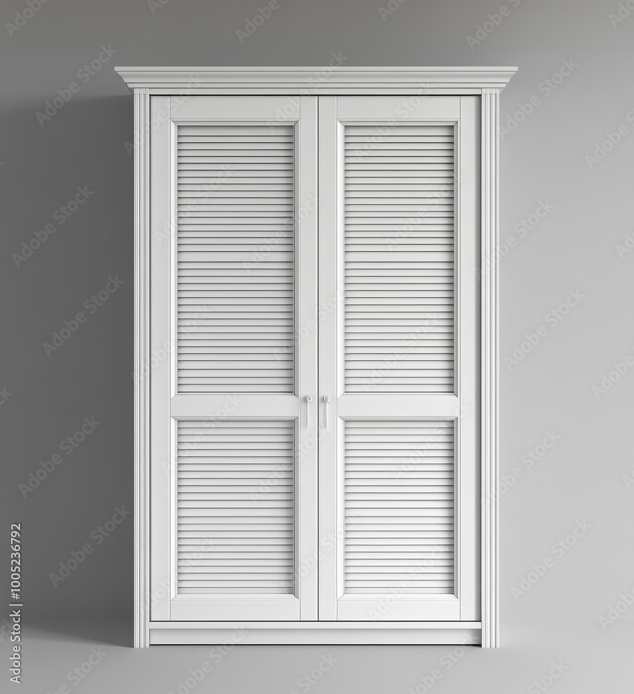 Classic white wardrobe with louvered doors, perfect for storage in any bedroom or living space. Elegant and timeless furniture piece. Classic white wardrobe with louvered doors, perfect for storage in any bedroom or living space. Elegant and timeless furniture piece.