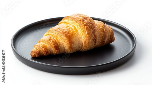 Classic croissant on a black plate against a white background, showcasing flaky layers and buttery texture, perfect for breakfast scenes. photo