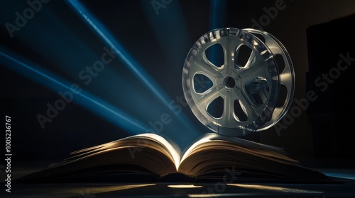 Cinematic film reel and open book under dramatic lighting, illustrating the fusion of literature and cinema.
