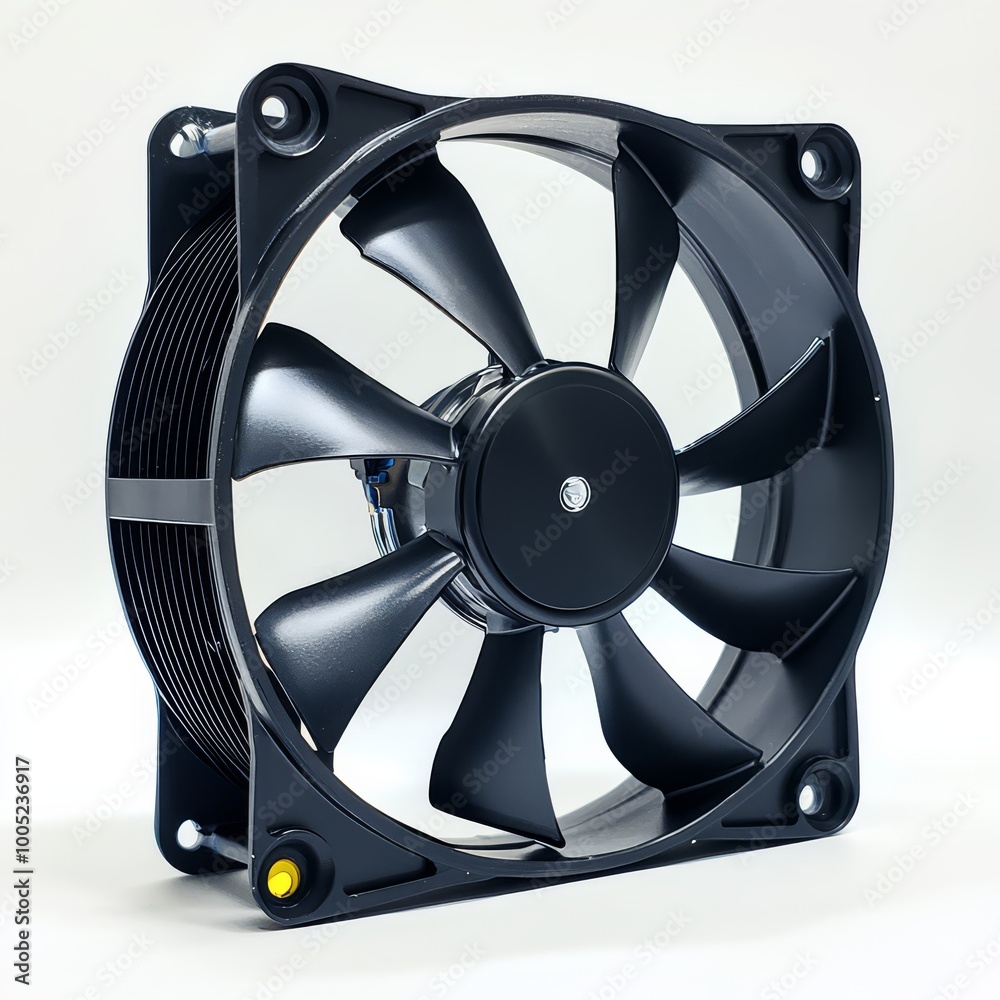 Close-up image of a black computer cooling fan with multiple blades, used for PC ventilation and cooling. Close-up image of a black computer cooling fan with multiple blades, used for PC ventilation and cooling.