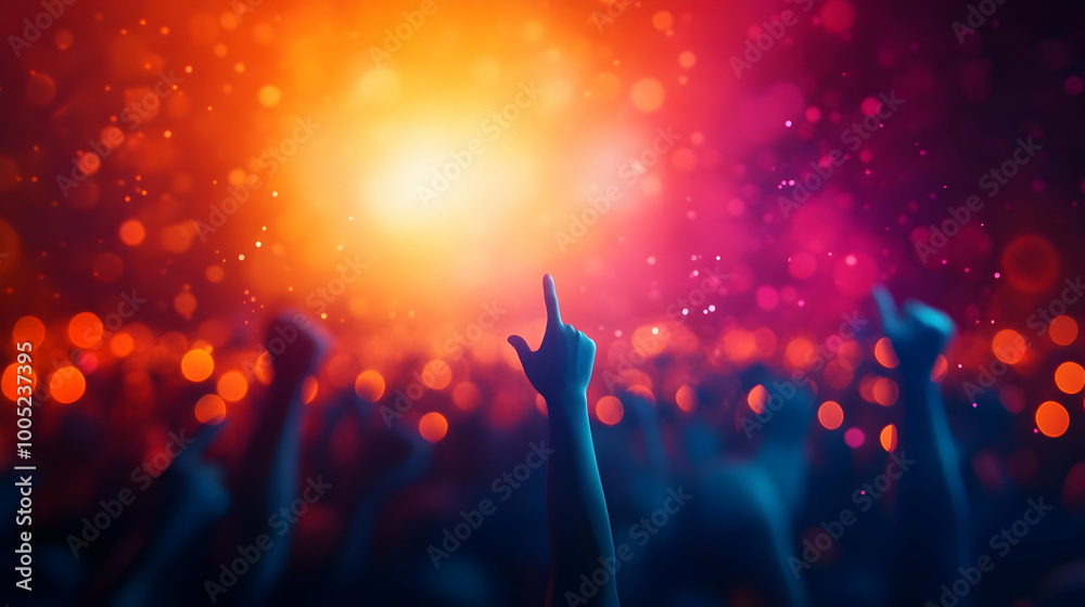 Hands raised in excitement at a vibrant concert, colorful lights in the background. Hands raised in excitement at a vibrant concert, colorful lights in the background.