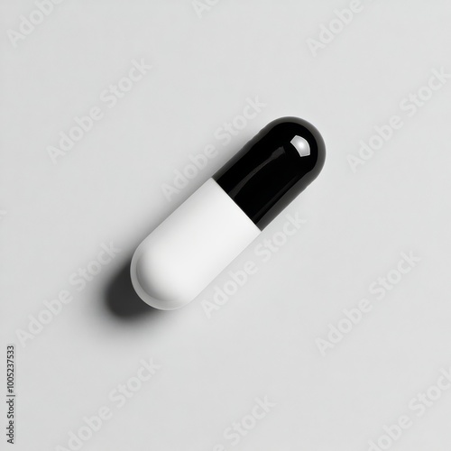 Close-up of a black and white capsule pill on a plain white background, emphasizing medical and pharmaceutical themes. photo