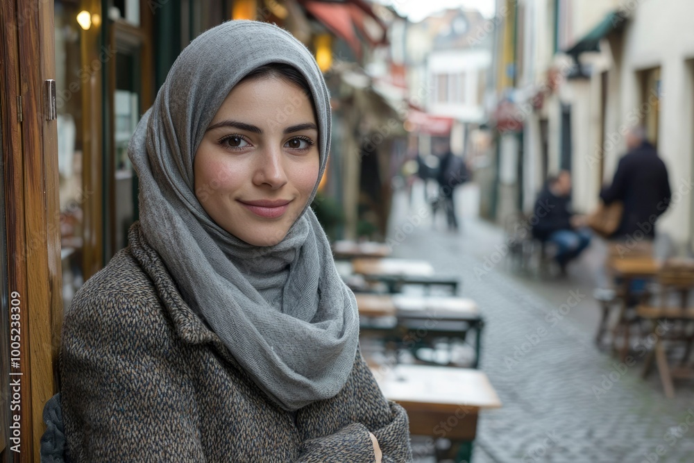 Young woman wearing a gray hijab standing in an alleyway Young woman wearing a gray hijab standing in an alleyway
