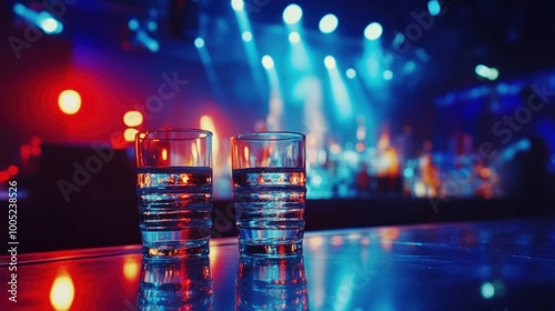 Two Glasses of Water on a Bar Counter in a Nightclub photo