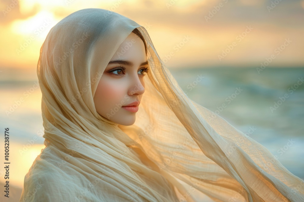 Woman in a Headscarf Looking Towards the Horizon at Sunset Woman in a Headscarf Looking Towards the Horizon at Sunset