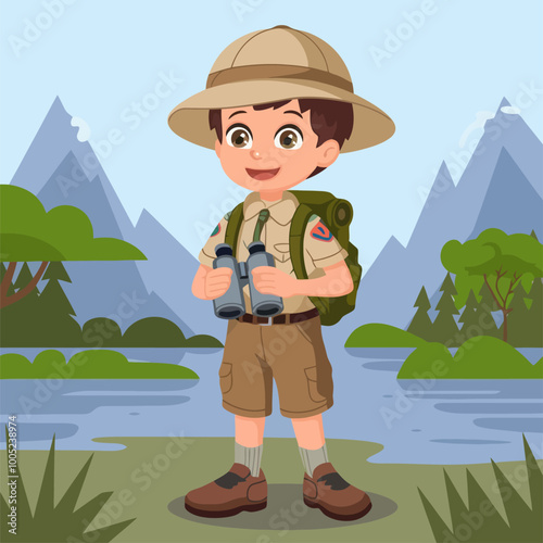 Boy scout holding binoculars in the forest.