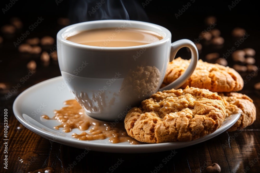 Enjoying fresh brewed coffee in a white mug on a rainy day with oat cookies on the windowsill Enjoying fresh brewed coffee in a white mug on a rainy day with oat cookies on the windowsill
