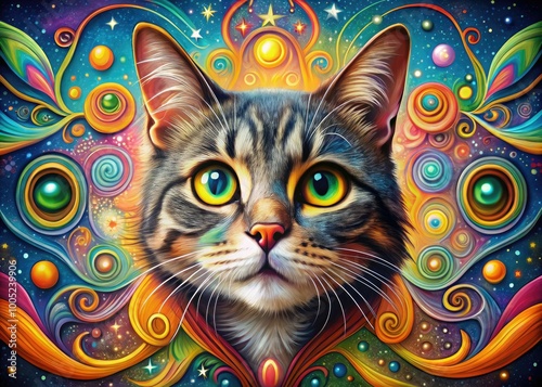 Whimsical illustration of a curious cat's face with bright, expressive eyes, surrounded by colorful, swirling patterns and playful stars, evoking a sense of feline wonder. photo