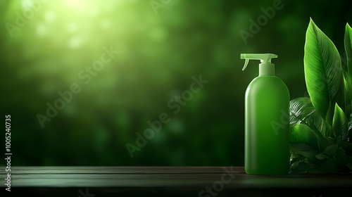 Green spray bottle with leaves in a serene natural background, perfect for eco-friendly product promotions. photo