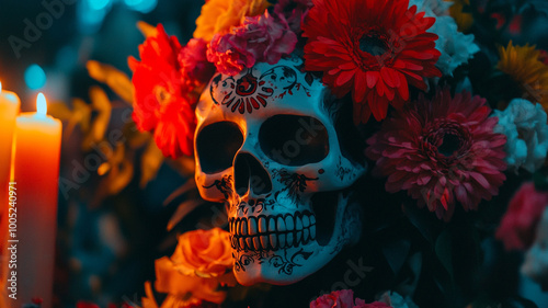 Celebrating Day of the Dead with a decorated skull surrounded by vibrant flowers and candles