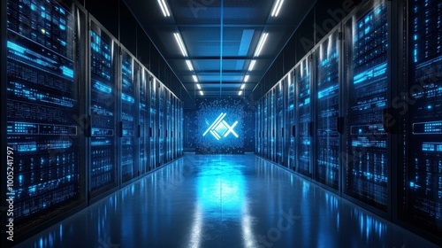 Experience a modern data center buzzing with bright blue lights, server racks, and the future of data technology.