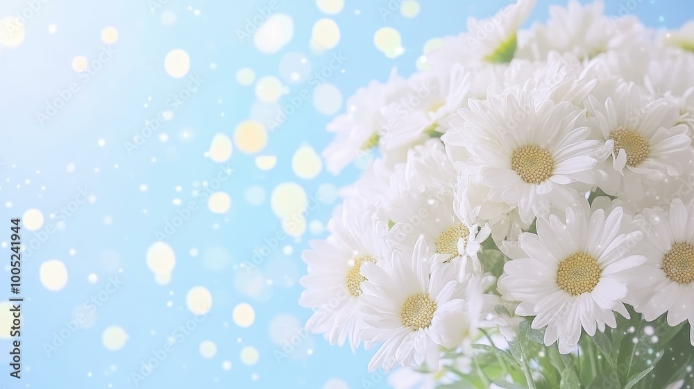 Fototapeta premium A fresh bouquet of white daisies brings life and joy, set against a soft, blurred background for a tranquil scene.