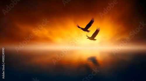 Silhouettes of birds flying against a dramatic sunset sky, reflecting on serene waters.