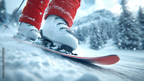 Skis in snow-covered landscape, ready for an exciting winter adventure. photo