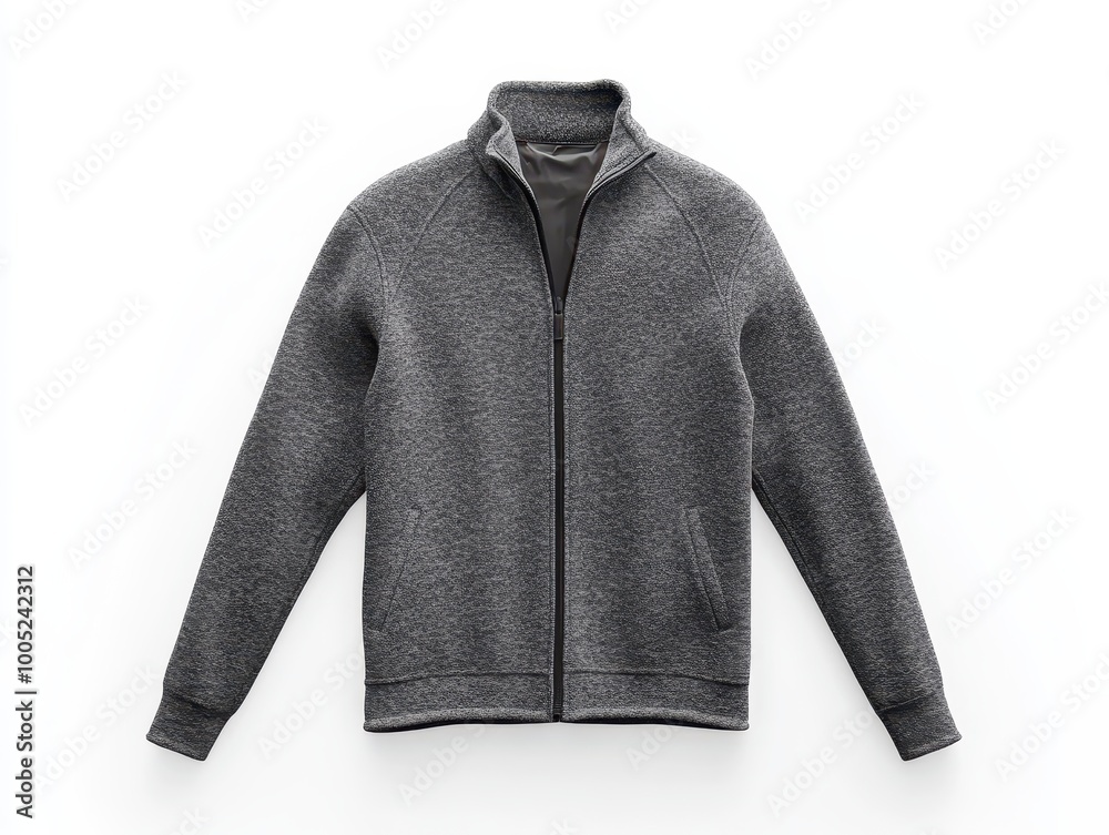 Fototapeta premium Grey Zip-Up Fleece Jacket Isolated on White Background - Men's Fashion Clothing