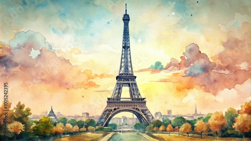 Whimsical illustration of the iconic iron lattice tower set against a soft, dreamy Parisian cityscape with subtle watercolor textures and delicate linework.