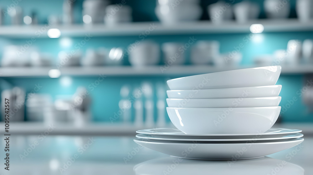 Stacked white bowls on a clean kitchen counter with a turquoise background. Stacked white bowls on a clean kitchen counter with a turquoise background.