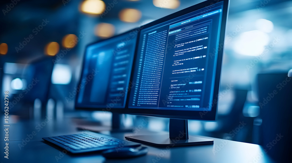 Modern computer setup with dual monitors displaying code, highlighting programming and software development. Modern computer setup with dual monitors displaying code, highlighting programming and software development.