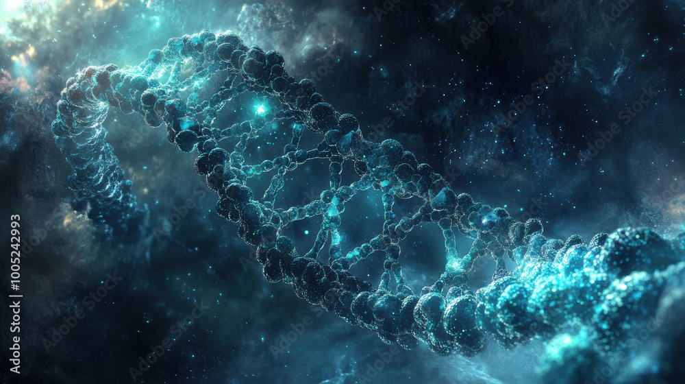 Obraz premium stunning visualization of floating DNA double helix intertwined with cosmic elements, showcasing beauty of molecular structures in vibrant, starry background