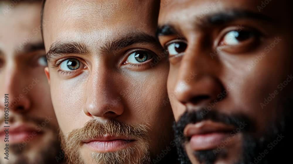 Three men stand close together, their eyes focused intensely on the camera Three men stand close together, their eyes focused intensely on the camera