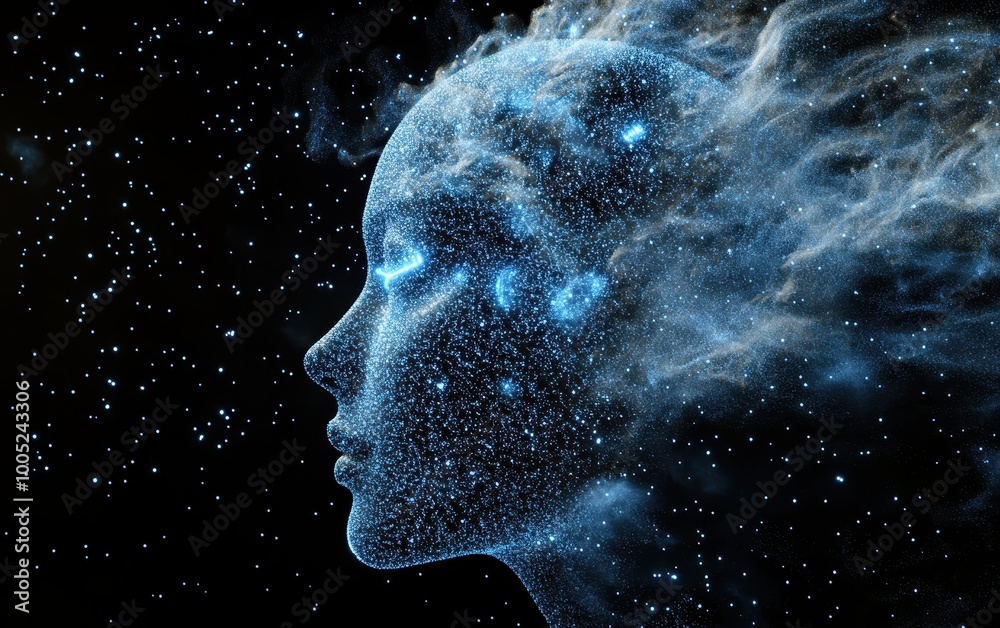 Abstract Cosmic Profile - Glowing Human Silhouette in a Starry Night Sky