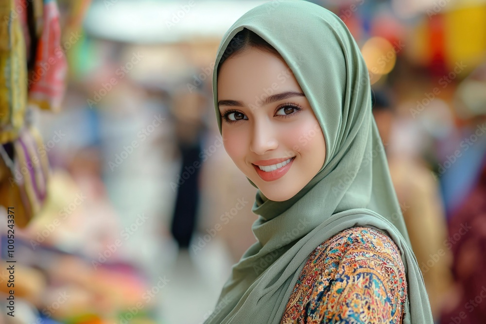 A Young Woman in a Green Hijab Smiles in a Busy Marketplace A Young Woman in a Green Hijab Smiles in a Busy Marketplace