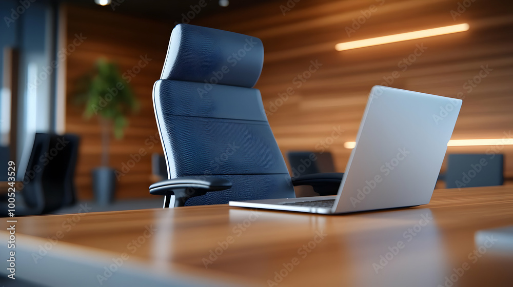 Modern office workspace with a laptop and ergonomic chair on a wooden desk. Modern office workspace with a laptop and ergonomic chair on a wooden desk.