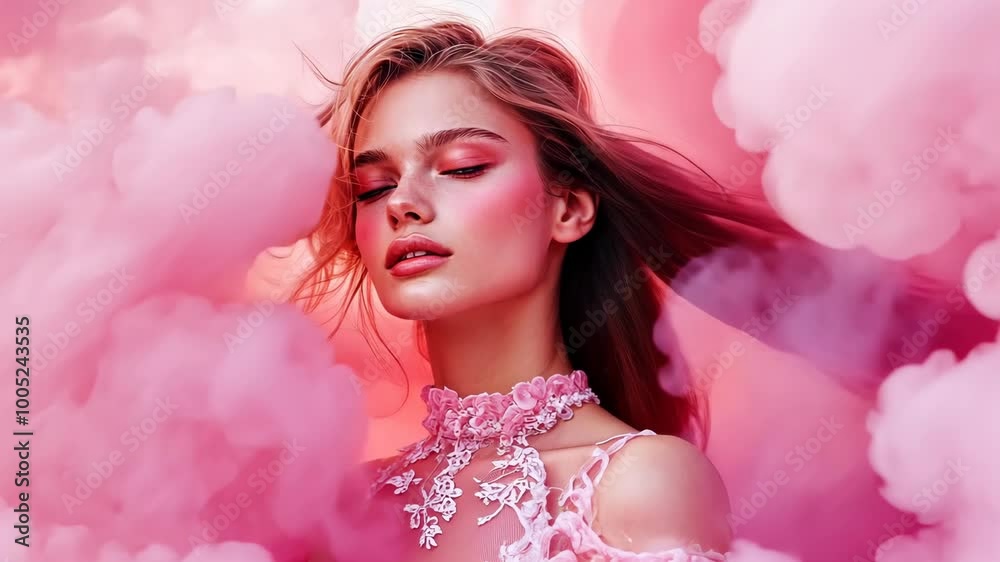 A woman with blonde hair and a pink choker poses surrounded by pink smoke A woman with blonde hair and a pink choker poses surrounded by pink smoke