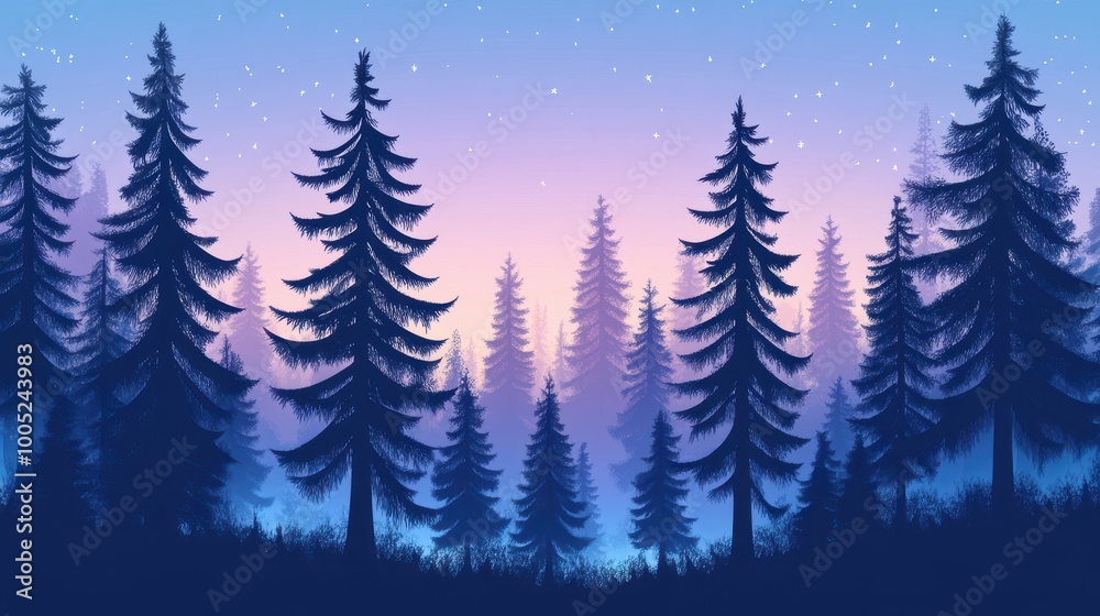 Obraz premium Silhouettes of Pine Trees Against a Purple and Blue Gradient Sky with Stars.