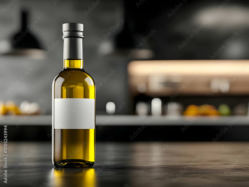 Olive oil bottle with a blank label, elegant kitchen setting, modern design, dark background. Olive oil bottle with a blank label, elegant kitchen setting, modern design, dark background.