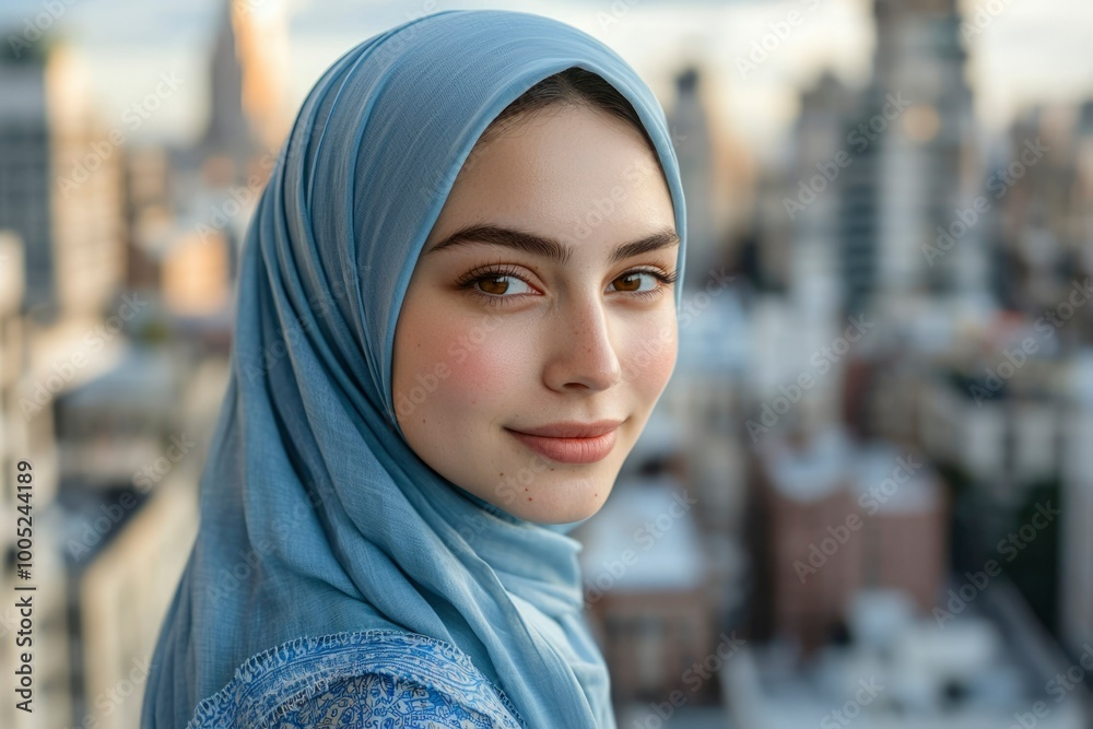 A Young Woman in a Blue Hijab Smiling in a City Setting A Young Woman in a Blue Hijab Smiling in a City Setting