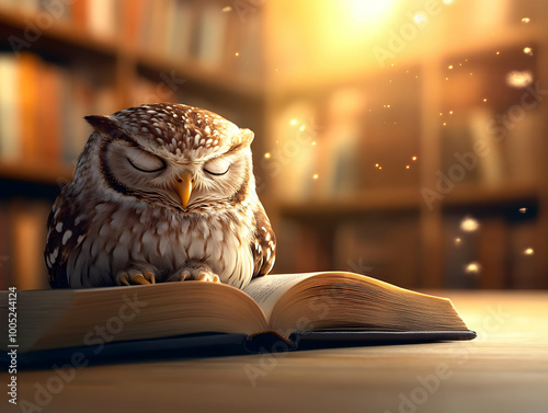 Wallpaper Mural Owl perched on an open book in a cozy library, basking in warm light. Torontodigital.ca
