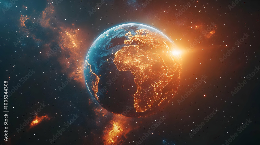 Fototapeta premium Planet Earth illuminated by sunrise in space, surrounded by vibrant cosmic elements.