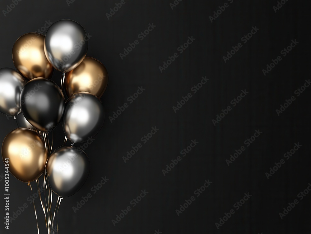 Gold and Silver Balloons with Copy Space on a Black Background. Gold and Silver Balloons with Copy Space on a Black Background.