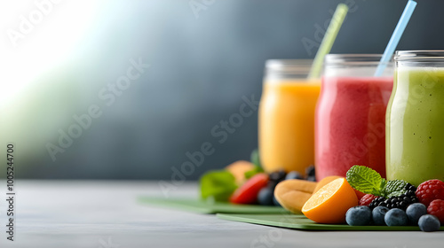 Vibrant smoothies with fresh fruits in jars, showcasing healthy drink options.