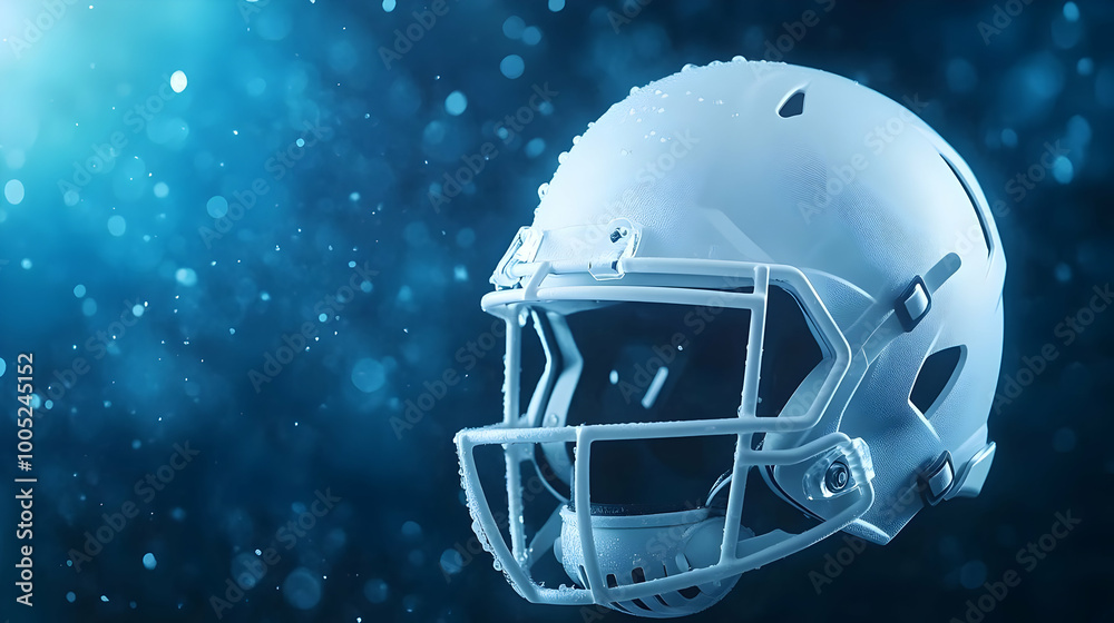 White football helmet on a blue bokeh background, perfect for sports themes and designs. White football helmet on a blue bokeh background, perfect for sports themes and designs.