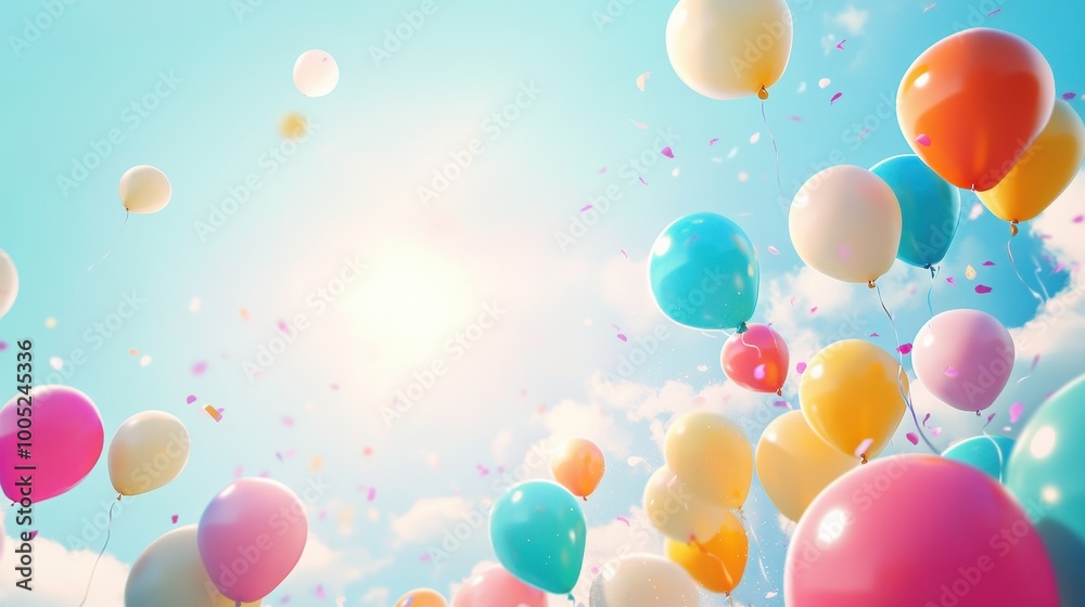 Colorful Balloons Floating in the Sky with Confetti - Birthday, Celebration, Party Background