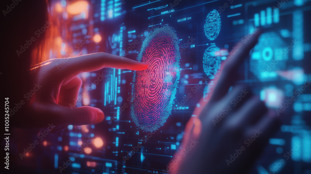 Obraz premium glowing virtual display showcases DNA fingerprint being analyzed, highlighting advanced technology and biometric identification. scene evokes sense of innovation and security