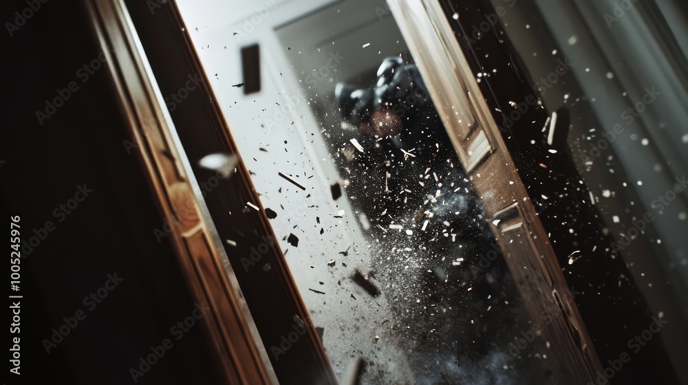 Dramatic action shot capturing a SWAT team breaching a door, with debris flying through the air, showcasing intense and dynamic movement. Dramatic action shot capturing a SWAT team breaching a door, with debris flying through the air, showcasing intense and dynamic movement.