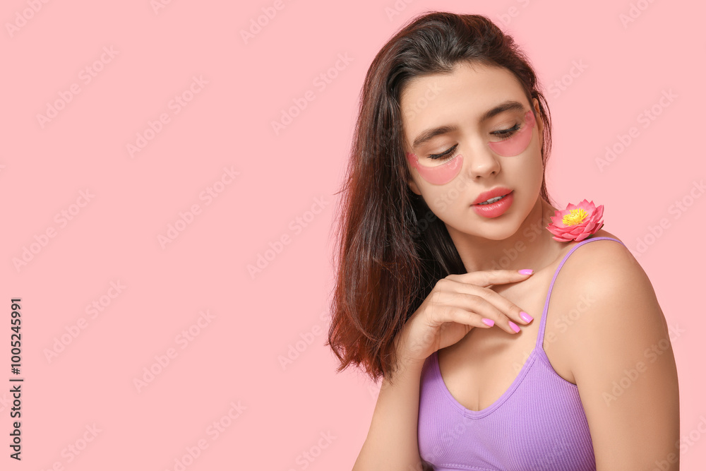 Beautiful young woman with under-eye patches and flower on pink background Beautiful young woman with under-eye patches and flower on pink background