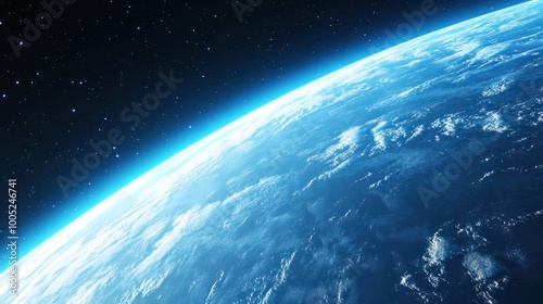 Close-up of Earth's atmosphere, with the blue planet's curved horizon and wispy white clouds floating over the oceans