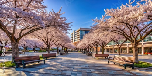 Peaceful scene of cherry blossom trees blooming at Japantown Peace Plaza, Sakura, cherry blossom, trees, blooming photo