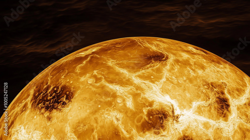 Planet Venus, its surface is wrinkled with volcanic valleys, sulfur clouds cover the entire sky, barren and uninhabited landscape, Ai generated images photo