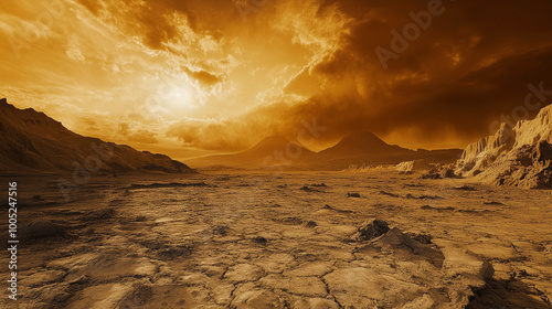 The surface of the planet Venus is covered with lava and active volcanoes, thick clouds of orange-yellow sulfur cover the sky, Ai generated images photo