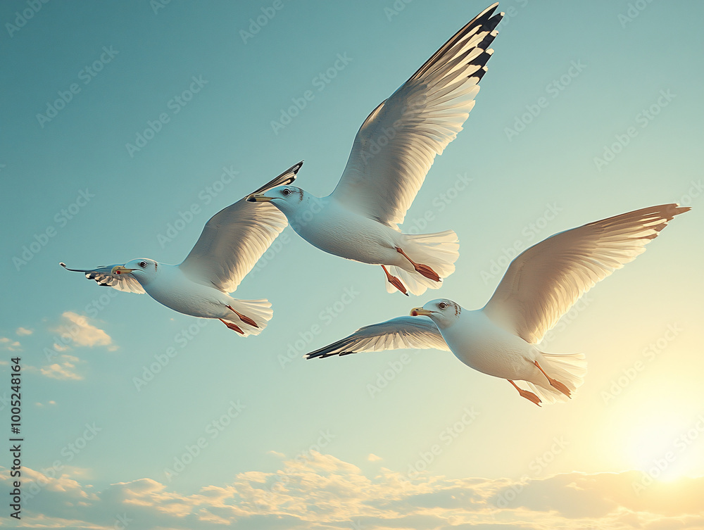 Obraz premium three seagulls flying in a blue sky with sun shining through clouds - freedom, nature, birds, white, summer, beach, coastal
