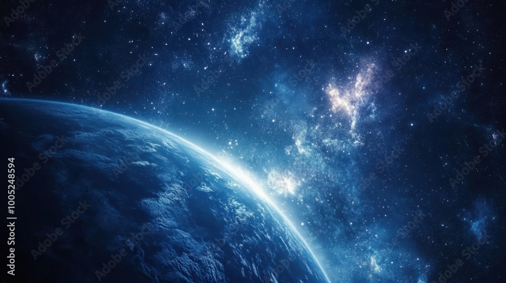 Earth atmosphere glowing faintly in space, with its blue surface and swirling clouds illuminated by the Sun Earth atmosphere glowing faintly in space, with its blue surface and swirling clouds illuminated by the Sun