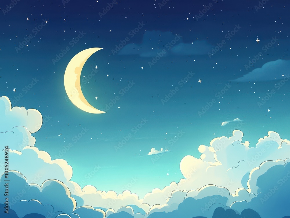 Cartoon Night Sky with Crescent Moon and Clouds - Digital Illustration. Cartoon Night Sky with Crescent Moon and Clouds - Digital Illustration.