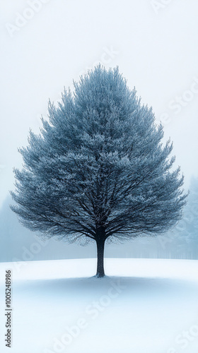 solitary tree in a snowy field, winter landscape, cold, foggy, minimalist, blue, white, nature, outdoors, serenity