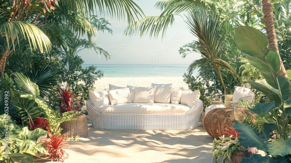 Fototapeta premium Mock up frame of a peaceful beachfront patio with a white wicker sofa, soft sand underfoot, and tropical plants catching the morning light